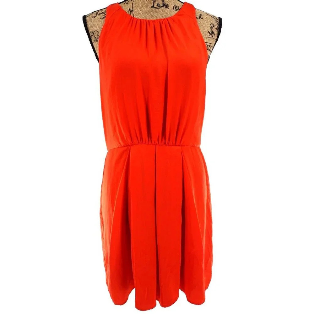Rebecca Taylor Women Dress 6 Midi Orange Sleeveless Pleated Draped Lined Zipper